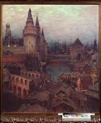 17世紀のモスクワ、復活門の夜明け - Appolinari Mikhaylovich Vasnetsov（1856-1933）による絵画、キャンバスに油彩