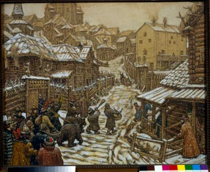 17世紀のモスクワの通りのミュージシャンとクマの調教師 - アポリナーリ・ミハイロヴィッチ・ヴァスネツォフ (1856-1933) の作品