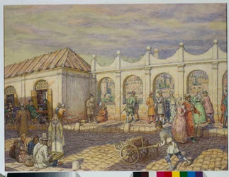 ピョートル大帝 (1672-1725) の時代のモスクワのストーン ブリッジ (諸聖人の橋) のストリート シーン - Appolinari Mikhaylovich Vasnetsov (1856-1933) によるアートワーク