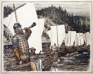 イルティシュ川のイェルマク・ティモフェヴィッチ (1540～1585 年頃)。 （IrtyshのYermak Timopheyevich）。 1583 年、シベリアの探検と征服のエピソード。Appolinari Mikhaylovich Vasnetsov (1856-1933) 作、リトグラフ 1916 年。 ロシア美術、20 世紀