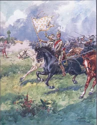 千の騎士が後ろを迫っている、有名な戦いのバラッド、c.1900のイラスト