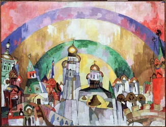 大空、装飾的なモスクワ。 （大空。装飾的なモスクワ）。 Aristarkh Vasilyevich Lentulov（Lentulov）（1882-1943）による絵画、キャンバスに油彩