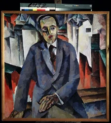 Regisseur Alexander Tairov (1885-1950) の肖像 (Regisseur A. Tairov の肖像)。 Aristarkh Vasilyevich Lentulov (Lentulov) (1882-1943) による絵画、キャンバスに油彩。 ロシア美術、20世紀前衛。 国立ロシア美術館、サンクトペテルブルク。
