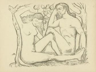 木のそばに座るアダムとイブ 裸の男と女 ロム エ ラ ファム アダムとイブ レプルーヴ（シリーズタイトル）