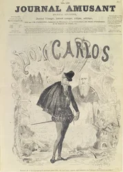 ジュゼッペヴェルディ（1813-1901）のオペラ「ドンカルロス」からのドンカルロスの風刺画を含む「ルジャーナルアミューザント」のフロントページ：