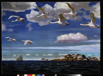 青の自由。 海の上を飛んでいる野生のガチョウの移動アルカディ (アルカディ) アレクサンドロヴィッチ リロフ (1870-1939) による絵画、キャンバスに油彩
