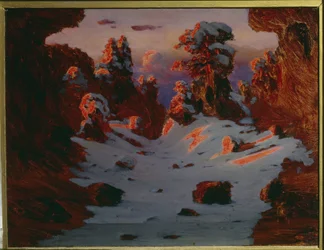 日没時の冬の風景 (サンセット効果)。 Alexander Ivanovich Kuindzhi (Kouindji) (1842-1910) による絵画。 キャンバスに油彩。 寸法: 39 x 53 cm。 サンクトペテルブルク、国立ロシア美術館