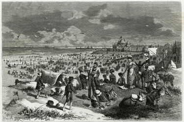 オステンドの浜辺。作家・美術評論家のカミーユ・レモニエ（1844-1913）の物語「ベルギー」の挿絵として、A.Heinsが描いたもの。Tour du monde new journal des voyagesに掲載。
