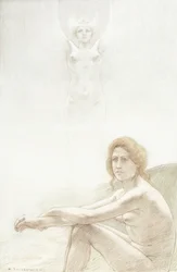 背景に幽霊のような女性の姿で座っている女性のヌード