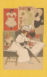 版画を見るスタンドに座った女性、1897年