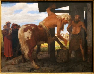 村の鍛冶屋のケンタウロス。アーノルド・ボックリン（1829-1901）による絵画、油彩、キャンバス