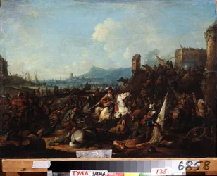 1628 年 10 月のラ ロシェル包囲戦 (1628 年 10 月のラ ロシェル包囲戦)。 アーノルド・フランス・ルーベンス (1687-1719) の絵画。 木に油彩、39.5 x 57 cm。 フランダースの芸術、バロック様式。 州立美術館、トゥーラ (またはトラン)。