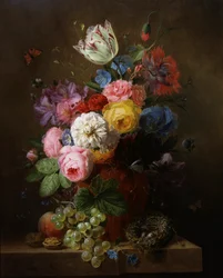 バラ、ポピー、ツツジ、チューリップの静物画。アルノルダス・ブローマーズ（1786-1844）の作品。個人蔵。