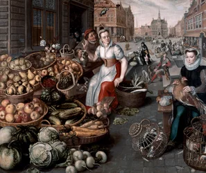 果物や野菜を売る女性、1590年頃
