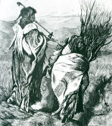 Hiawatha and Minne-Ha-Ha, engraved by Joseph Swain (1820-1909) 1870 (carving) (bw photo)