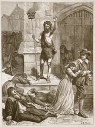 グレートペストの最中、ロンドンの破滅を告げるマニアック、「カッセルの図解されたイングランドの歴史」（セピア写真）のイラスト