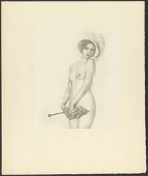 [ボンネットをかぶり日傘を差す女性ヌード】。］
