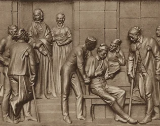 フローレンス・ナイチンゲールが患者を訪問し、ロンドンのウーウィッチ病院で救援 (b/w 写真)