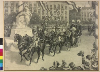 動く皇帝ヴィルヘルム2世と皇帝フランツ・ヨーゼフ1世（1897年、ブダペストにて）（鉛筆画