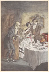 Um rapaz e uma moça dão as boas-vindas a Scrooge para uma refeição em sua sala de jantar
