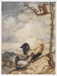 Uma ilustração de uma galinha, galo e esquilo de The Adventures of Chanticleer and Partlet.