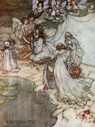 バラのネックレスを作るエルフたち。アーサー・ラッカム（1867-1939）によるウィリアム・シェイクスピア作「夏の夜の夢」の挿絵。