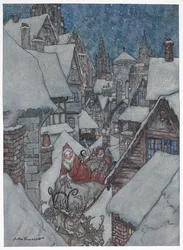 Father Christmas travelling through snowy streets on his sleigh   1454018   ja       japanese Successfully Translated  Original: Pony Cart Crossing a Woodland Brook, c.1815 (oil on canvas) Translat: Pony Cart Crossing a Woodland Brook, c.1815 (oil on canva