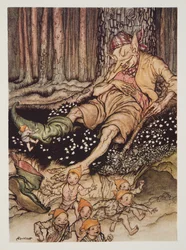 Hop-o-my-thumbはOgreにそっと近づき、パブのThe Arthur Rackham Fairy Bookから7リーグのブーツを脱ぎました。 1933