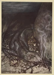 竜の姿のファーフナーが財宝を見張っている」（『ジークフリートと神々の黄昏』の挿絵
