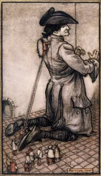 Lilliputian tailors measuring Gulliver to make him new suit, illustration by Arthur Rackham (1867-1939) from Gulliver