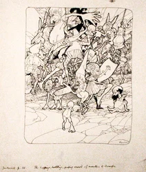 一人として自分の適切な手足を固定されていない」 S.J. Adair Fitzgerald著「The Zankiwank and the Bletherwitch」（1896年刊）の挿絵（紙にペンとインク）。