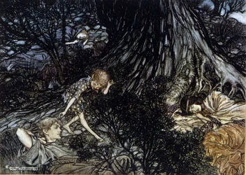 眠っているキャラクターのまぶたに魔法のフィルターをかけるパック。アーサー・ラッカム（1867-1939）によるウィリアム・シェイクスピア作『夏の夜の夢』の挿絵