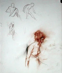Seated Nude（紙にペン、インク、サンギー＆ブラックチョーク