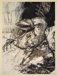 ジークフリートがファフナーを殺す、「ジークフリートと神々の黄昏」のイラスト、1924