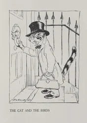 猫と鳥、「イソップ寓話」のイラスト、ハイネマン発行、1912