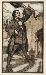 ジョナサン・スウィフト（1667-1745）の『ガリバー旅行記』より「リリパットの皇帝が軍隊を閲兵する」。1909年（カラーリトグラフ）。