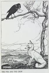 キツネとカラス、「イソップ寓話」のイラスト、ハイネマン発行、1912年（彫刻）