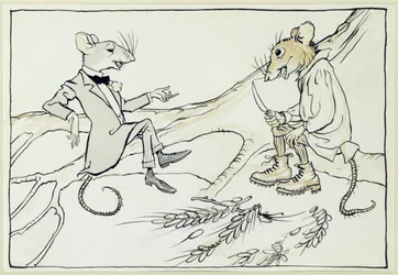 タウンマウスとカントリーマウス、イソップ寓話のイラスト、1912年に公開（紙にトイレ付きペンとインク）