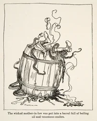 1917年に出版されたグリム兄弟の「Little Brother & Little Sister and Other Tales」の中の「悪い義理の母は、煮えたぎる油と毒蛇の入った樽に入れられた」という話。