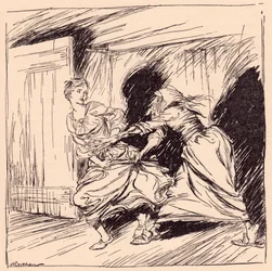 A velha agarrou-a pelo vestido e tentou segurá-la. Ilustração de Arthur Rackham do conto de fadas de Grimm, A Árvore Encantada.