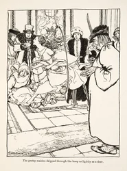 グリム兄弟の「Little Brother & Little Sister and Other Tales」（1917年出版）より、可愛い乙女が鹿のように軽やかにフープをくぐり抜けます。