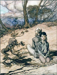 息子が円を描き、父と息子はその中に座ると、小さな黒人の男が現れた。『グリム兄弟の童話』所収「黄金の山の王」の挿絵