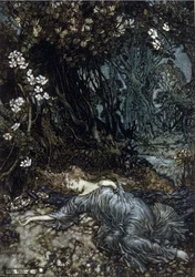 料金の女王タイタニアが眠っている。アーサー・ラッカム（1867-1939）によるウィリアム・シェイクスピア作『夏の夜の夢』の挿絵