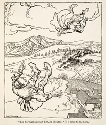 グリム兄弟の「Little Brother & Little Sister and Other Tales」（1917年）から、彼女を見た夫が「ハーイ！こっちにおいでよ」と叫んだという。