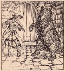 When the bear heard the music he could not help beginning to dance. Illustration by Arthur Rackham from Grimm