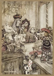 ルイス・キャロル著『不思議の国のアリス』より「タルトを盗んだのは誰？1907年（カラーリトグラフ）。
