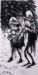 ユールログ、スナップドラゴン、ワッセイル、ウェイト、ホリー」C.V.ゴドビー作「Old Friend Christmas」の挿絵（紙にペンとインク、モノクロ水彩＆ボディカラー