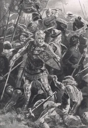 1415年10月25日、アジャンクールの戦いでのヘンリー5世とダクダランコン、「陸と海での英国の戦い」のイラスト、ロンドン、カッセル発行、1910年