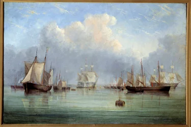 海洋船と係留された帆船。アーサー・ウェリントン・フォールズ（1815-1883）による絵画、19世紀、オルレアン美術館