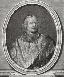 BOSSUET, Jacques-Benigne (1627-1704)。イギリスの神学者、司教。Hyacinthe Rigaudのオリジナルからの肖像コピー。エングレーヴィング